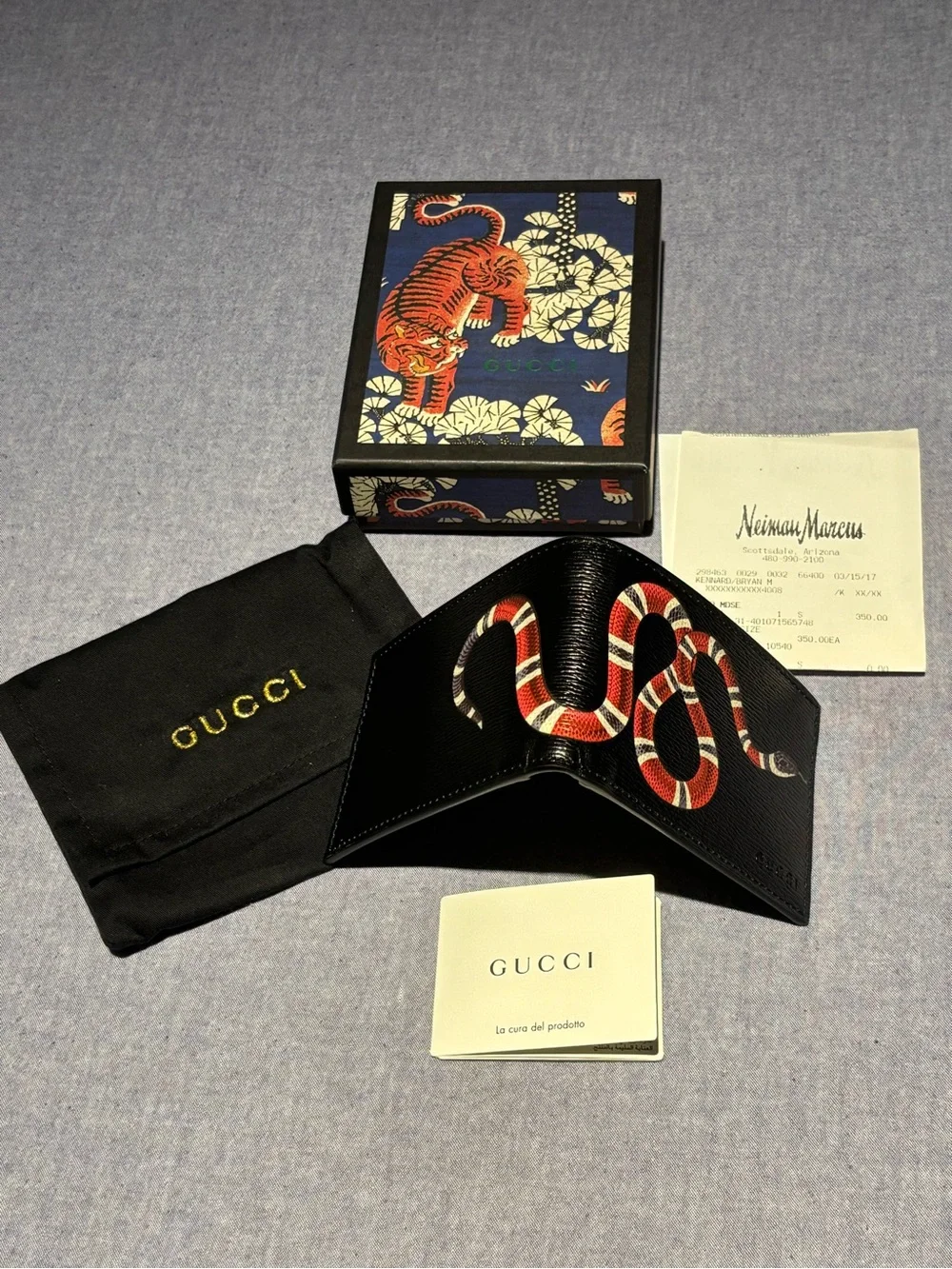 Gucci Black Card Holder with Red and White Snake Motif